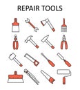 Vector outline icon with repair tools: hummer, wrench, paint roller, putty knife, nail puller, saw, pliers, ax, hacksaw,