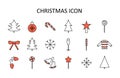 Vector outline icon set with Christmas stuff: tree, toys, candy cane, chapagne, mittens, star, sweater, skates,snowflakes, bow.