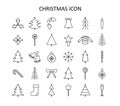 Vector outline icon set with Christmas stuff: tree, toys, candy cane, chapagne, mittens, star, sweater, skates,snowflakes, bow.