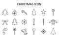 Vector outline icon set with Christmas stuff: tree, toys, candy cane, chapagne, mittens, star, sweater, skates,snowflakes, bow.