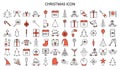 Vector outline icon set with Christmas stuff: tree, toys, mistletoe, candy cane, champagne, mittens, star, sweater, skates,