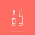 Vector outline icon of woman accessories - lipstick and eyeshadow Royalty Free Stock Photo