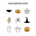 Vector outline icons on the theme Halloween party - bat; pumpkin; web; spider; skull; coffin; witch hat; ghost. Art can be used