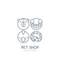 Vector outline illustration of dog head, cat muzzle, bird and snake.