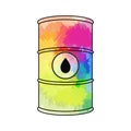 Vector outline illustration of oil barrel with rainbow splashes and black drop. Cask full off multicolor gasoline. The object Royalty Free Stock Photo