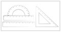 Vector outline illustration of ruler, straightedge, triangle ruler, protractor. School supplies. Measurement tool Royalty Free Stock Photo