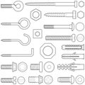 Wall hooks / bolts / nuts and wall plugs collection - vector line illustration Royalty Free Stock Photo