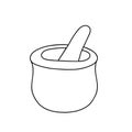 Vector outline illustration of witch mortar and pestle for making magic, cooking a potion, simple doodle hand drawn image Royalty Free Stock Photo