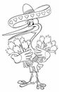 Vector outline image of a cartoon character, isolated on white. Cartoon stork in a Mexican sombrero with bouquets of flowers Royalty Free Stock Photo