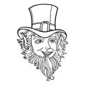 Vector outline Leprechaun head with hat in black isolated on white background. Mythology fairy character from Irish folklore.