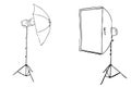 Vector Outline Manual Hand Draw Sketch Rectangle Softbox and Umbrella for Photography, Isolated on White