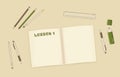 Vector outline Notebook or exercise book with dots for summary notes for mockup or start of some hobby, education, pen, pencil,