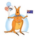 Vector outline orange kangaroo with Australian flag and balloon in red and blue isolated on white background. National symbol. Royalty Free Stock Photo