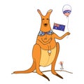 Vector outline orange kangaroo with Australian flag and three balloons in red and blue isolated on white background. Royalty Free Stock Photo