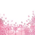Vector outline Pomegranate half and whole fruit and seed in red on the pastel pink textured background. Drawing of Pomegranate.