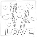 Vector outline pony. Card with cketch pony love with hearts.