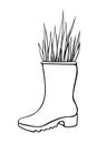 Vector outline rubber rain boots with decorative grass, plant. Cute seasonal spring floral illustration. Shoes as vase. Hand drawn