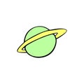 Vector outline Saturn, Planet, satellite, space object in doodle flat style. Simple color design element, icon, clip art