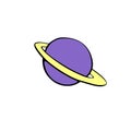 Vector outline Saturn, Planet, satellite, space object in doodle flat style. Simple color design element, icon, clip art