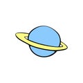 Vector outline Saturn, Planet, satellite, space object in doodle flat style. Simple color design element, icon, clip art