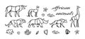 Vector outline set of african animals with lion, buffalo, hyena, giraffe, rhinoceros, cheetah. Black and white illustration