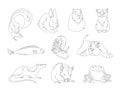 Vector outline set of pets. Collection of domestic animals including puppy dog, cat, rabbit, guinea pig, hamster, snail, fish,