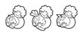 Vector outline set of smiling old gardeners. Gray-haired curly grandmother gardener hugs a huge apple, carrot, pumpkin. Old woman