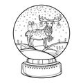 Vector outline snow globe or snowball with falling snowflakes and cute cartoon deer in black isolated on white background. Royalty Free Stock Photo