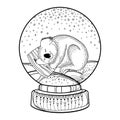 Vector outline snow globe or snowball with falling snowflakes and cute cartoon koala in black isolated on white background. Royalty Free Stock Photo