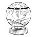 Vector outline snow globe or snowball with falling snowflakes and cute cartoon sloth in black isolated on white background.
