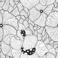 Vector outline stylised elegant flowers black and white seamless pattern