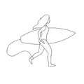 Vector outline surfer girl with surf boad running