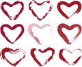 Vector outline textured brush drawings of various decorative abstract red heart shapes