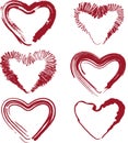 Vector outline textured drawings of set decorative abstract red heart shape Royalty Free Stock Photo