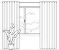 Vector outline window with summer landscape. Morning, day, evening, night outside the window with curtains. Modern flat cartoon