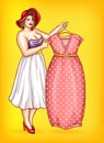 Vector overweight woman, tailor pointing at dress