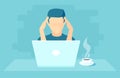 Vector of an overworked man working on laptop feeling under stress Royalty Free Stock Photo
