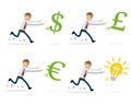 Vector pack of businessman chasing money and ideas