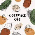 Vector packaging design and template for cosmetics labels and bottles with coconut oil.