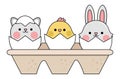 Vector packaging with eggs and hatching kawaii animals. Easter illustration with cute cat, chick and bunny sitting in shell. Cute