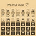 Vector packaging symbols on cardboard background. Shipping icon set including recycling, fragile, the shelf life of the pro Royalty Free Stock Photo