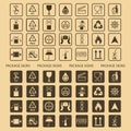 Vector packaging symbols set on cardboard background: Don`t roll, litter, Clamp here, No hand- or forklift truck, Handling with c Royalty Free Stock Photo