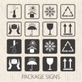 Vector packaging symbols on wooden background. Icon set including fragile, this side up, handle with care, keep dry and oth Royalty Free Stock Photo