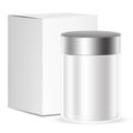 White gray wide round cosmetic/medicine bottle or container with box on isolated white background.