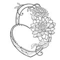 Vector padlock heart with bouquet of Dahlia or Dalia flower and ornate leaf in black isolated on white background. Bunch of Dahlia