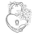 Vector padlock heart with bouquet of outline Forget me not or Myosotis flower in black isolated on white background.