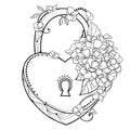 Vector padlock heart with bouquet of outline Hydrangea or Hortensia flower bunch and ornate leaf in black isolated on white. Royalty Free Stock Photo