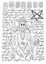 Vector Page with magic spells, demon and drawings from witch book on white background.