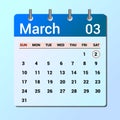 vector page of March month calendar and highlighted date March 2