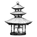 Vector pagoda house graphic black and white illustration. Traditional Japanese or Nepal architecture of Asian culture